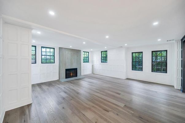 Empty room, Fireplace, Interior, Recessed Lighting, Wood Texture Flooring