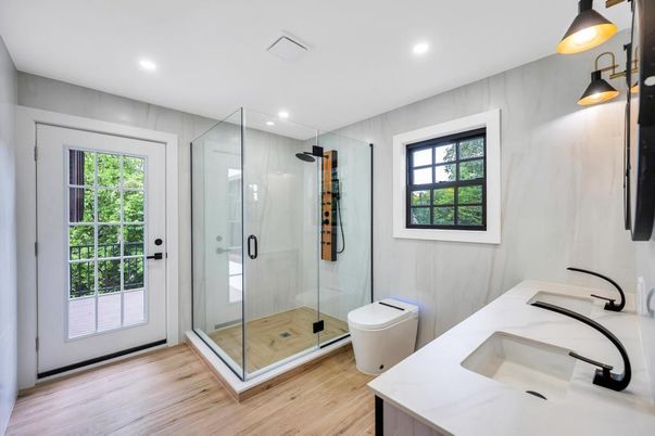 Bathroom, Glass Shower, Interior, Recessed Lighting, Wood Texture Flooring