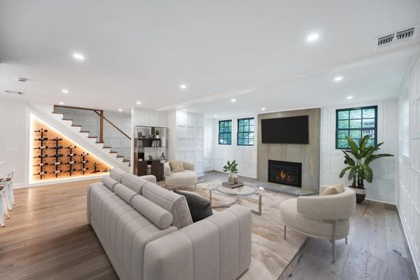 Fireplace, Interior, Living room, Recessed Lighting, Wine Storage, Wood Texture Flooring