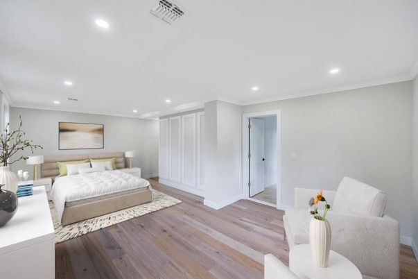 Bedroom, Interior, Recessed Lighting, Wood Texture Flooring