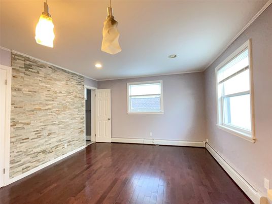 Empty room, Interior, Pendant Lights, Recessed Lighting, Stone Walls, Wood Texture Flooring