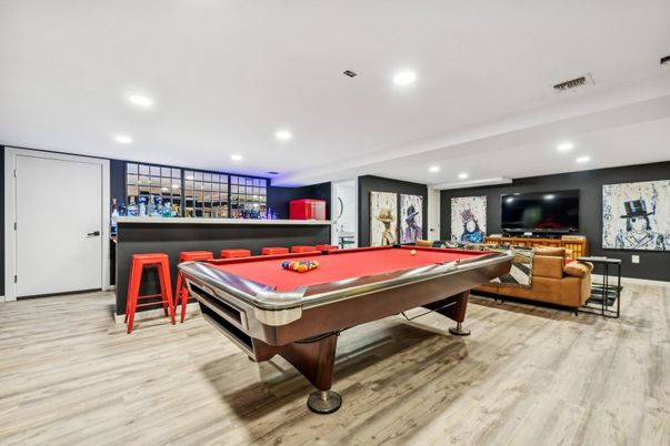 Billiard Table, Game Room, Interior, Recessed Lighting, Wood Texture Flooring