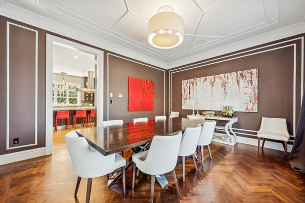 Dining room, Interior, Recessed Lighting, Wood Texture Flooring