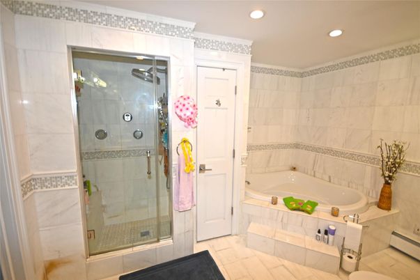 Bathroom, Glass Shower, Interior, Marble Walls, Recessed Lighting