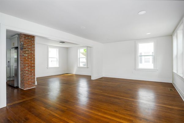 Empty room, Interior, Recessed Lighting, Stone Walls, Wood Texture Flooring