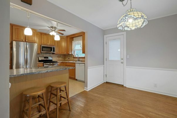 Interior, Kitchen, Pendant Lights, Stainless Steel Appliances, Wood Texture Flooring