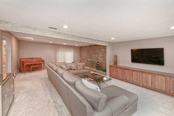 Fireplace, Interior, Living room, Piano, Recessed Lighting, Stone Walls