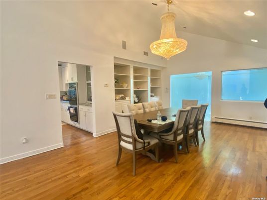 Chandelier, Dining room, Interior, Recessed Lighting, Wood Texture Flooring