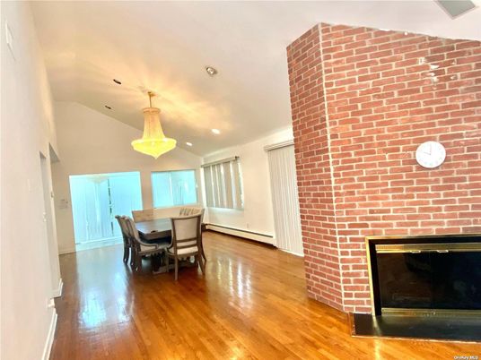 Dining room, Interior, Pendant Lights, Recessed Lighting, Stone Walls, Wood Texture Flooring