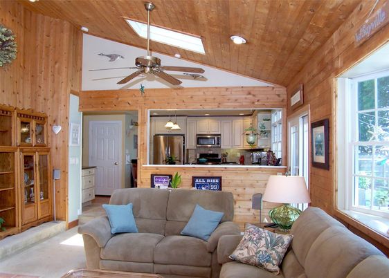 Interior, Kitchen, Living room, Pendant Lights, Recessed Lighting, Stainless Steel Appliances, Wooden Ceilings, Wooden Walls