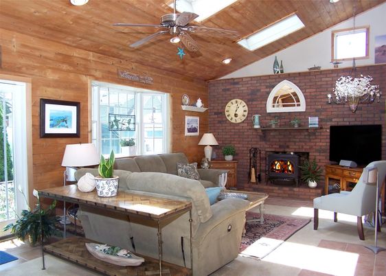 Fireplace, Interior, Living room, Recessed Lighting, Stone Walls, Wooden Ceilings, Wooden Walls