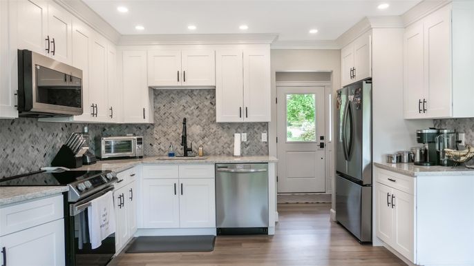 Interior, Kitchen, Recessed Lighting, Stainless Steel Appliances, Wood Texture Flooring