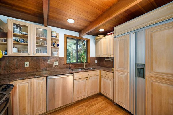 Interior, Kitchen, Recessed Lighting, Stainless Steel Appliances, Wooden Beams, Wooden Ceilings, Wood Texture Flooring