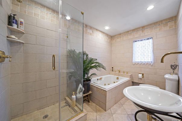 Bathroom, Glass Shower, Interior, Recessed Lighting, Stone Walls