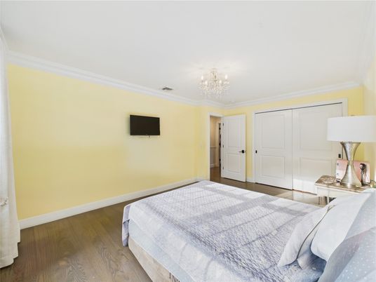 Bedroom, Chandelier, Interior, Wood Texture Flooring