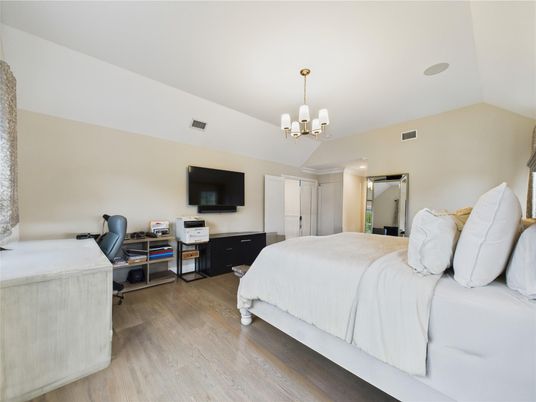 Bedroom, Chandelier, Interior, Recessed Lighting, Wood Texture Flooring
