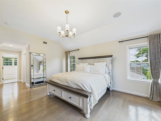 Bedroom, Chandelier, Interior, Recessed Lighting, Wood Texture Flooring