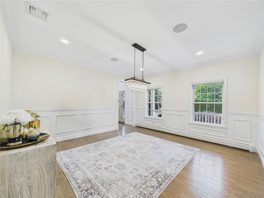 Chandelier, Empty room, Interior, Pendant Lights, Recessed Lighting, Wood Texture Flooring