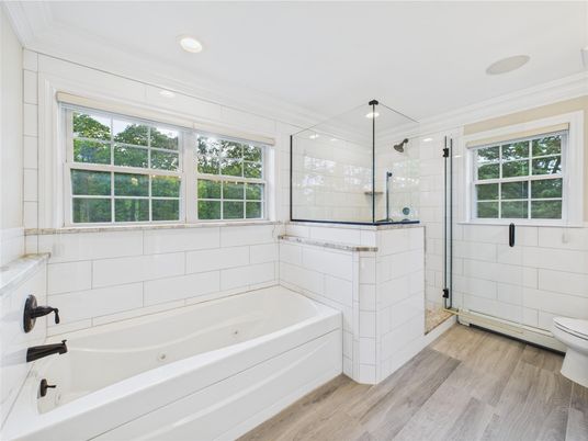 Bathroom, Glass Shower, Interior, Recessed Lighting, Wood Texture Flooring