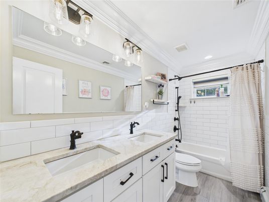 Bathroom, Dual Sink Vanities, Interior, Recessed Lighting, Wood Texture Flooring