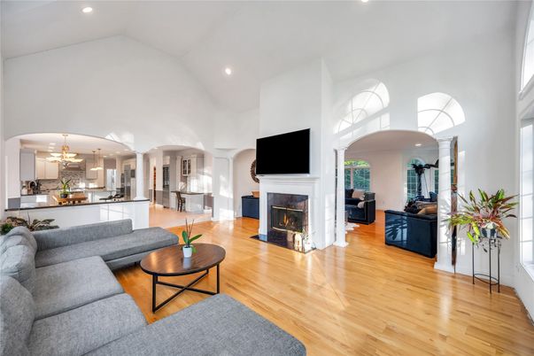 Fireplace, Interior, Kitchen, Living room, Pendant Lights, Recessed Lighting, Wood Texture Flooring