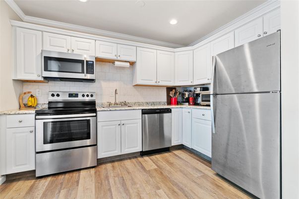 Interior, Kitchen, Recessed Lighting, Stainless Steel Appliances, Wood Texture Flooring