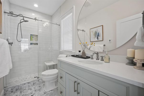 Bathroom, Dual Sink Vanities, Glass Shower, Interior, Recessed Lighting