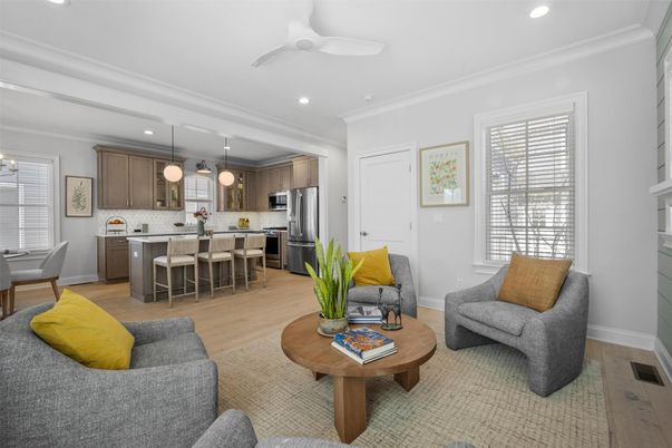 Interior, Kitchen, Living room, Pendant Lights, Recessed Lighting, Stainless Steel Appliances, Wood Texture Flooring