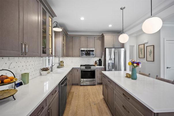 Interior, Kitchen, Pendant Lights, Recessed Lighting, Stainless Steel Appliances, Wood Texture Flooring
