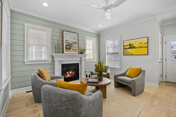 Fireplace, Interior, Living room, Recessed Lighting, Wood Texture Flooring