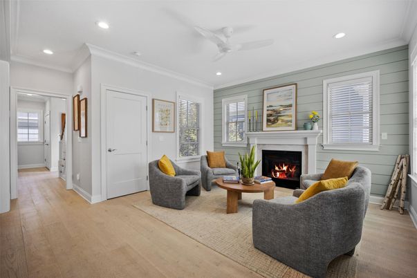 Fireplace, Interior, Living room, Recessed Lighting, Wood Texture Flooring