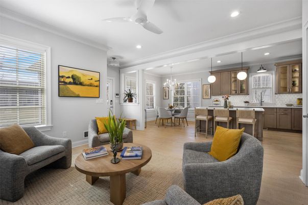 Dining room, Interior, Kitchen, Living room, Pendant Lights, Recessed Lighting, Wood Texture Flooring
