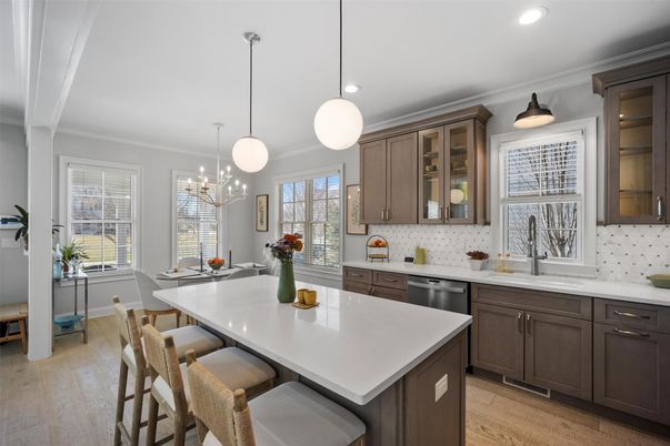 Dining room, Interior, Kitchen, Pendant Lights, Recessed Lighting, Stainless Steel Appliances, Wood Texture Flooring
