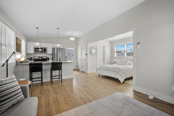 Interior, Kitchen, Pendant Lights, Stainless Steel Appliances, Wood Texture Flooring