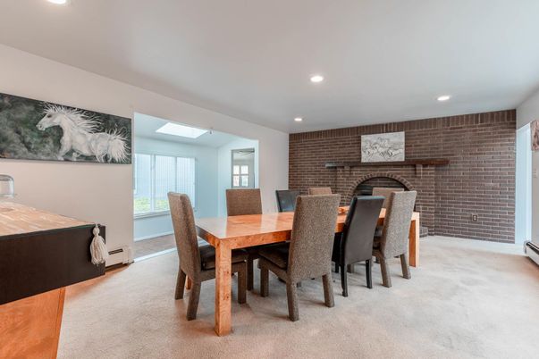 Dining room, Fireplace, Interior, Recessed Lighting, Stone Walls