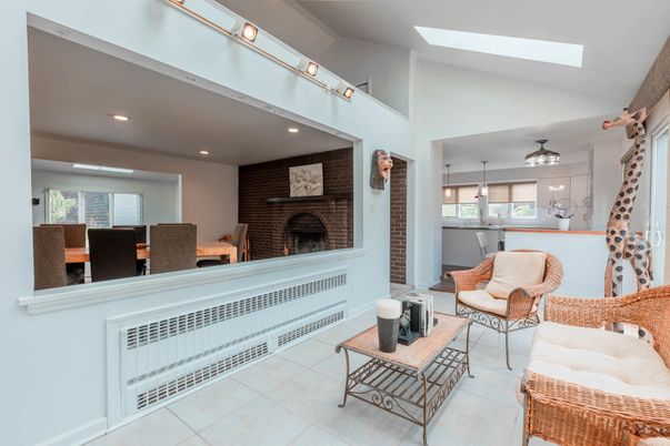 Dining room, Fireplace, Interior, Kitchen, Living room, Pendant Lights, Recessed Lighting, Stone Walls