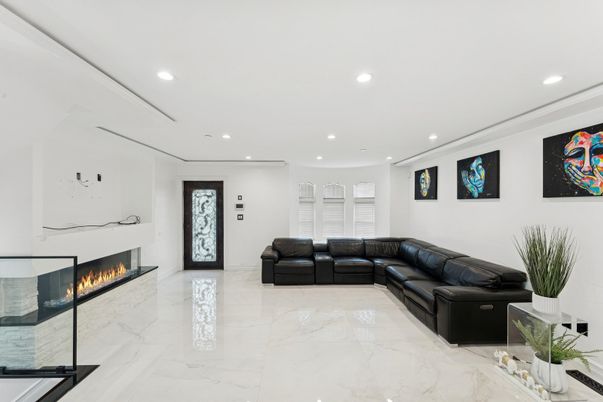 Fireplace, Interior, Living room, Marble, Recessed Lighting