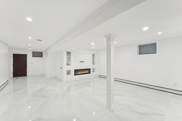 Empty room, Fireplace, Interior, Marble, Recessed Lighting