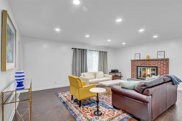 Fireplace, Interior, Living room, Recessed Lighting, Wood Texture Flooring