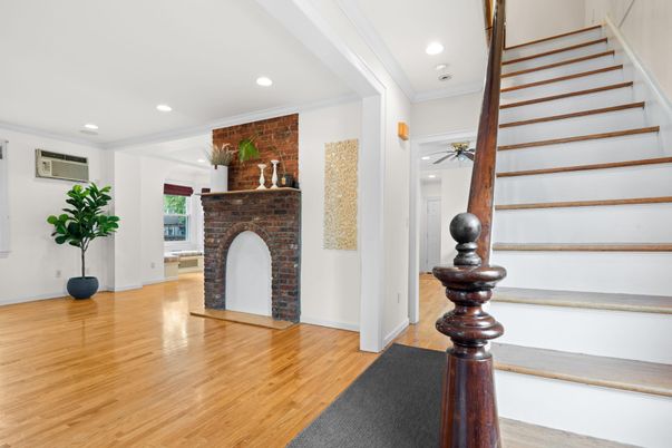 Fireplace, Interior, Recessed Lighting, Stone Walls, Wood Texture Flooring