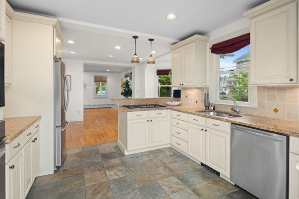 Interior, Kitchen, Pendant Lights, Recessed Lighting, Wood Texture Flooring