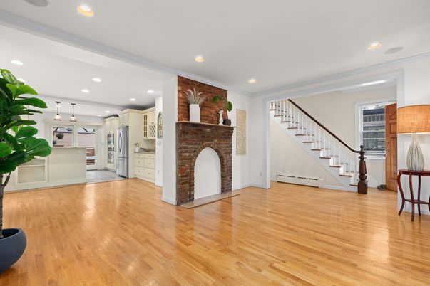 Fireplace, Interior, Kitchen, Pendant Lights, Recessed Lighting, Wood Texture Flooring