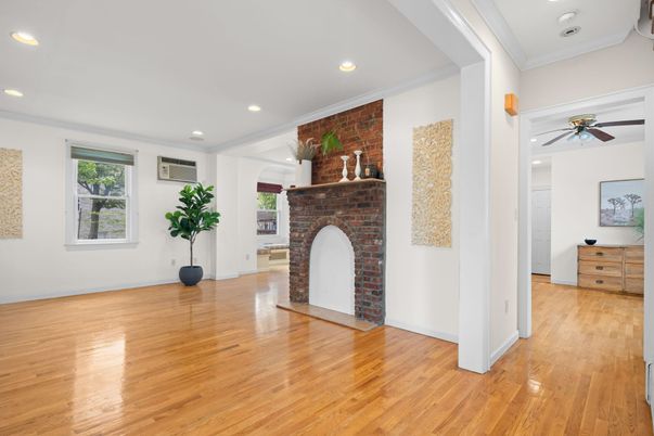 Fireplace, Interior, Recessed Lighting, Stone Walls, Wood Texture Flooring