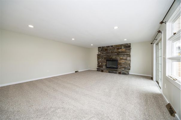 Empty room, Fireplace, Interior, Recessed Lighting, Stone Walls