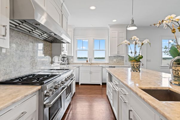 Interior, Kitchen, Pendant Lights, Recessed Lighting, Stainless Steel Appliances, Water, Wood Texture Flooring