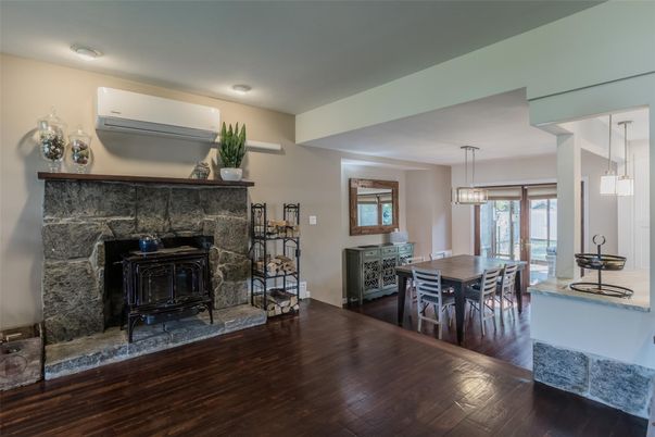Dining room, Fireplace, Interior, Pendant Lights, Wood Texture Flooring