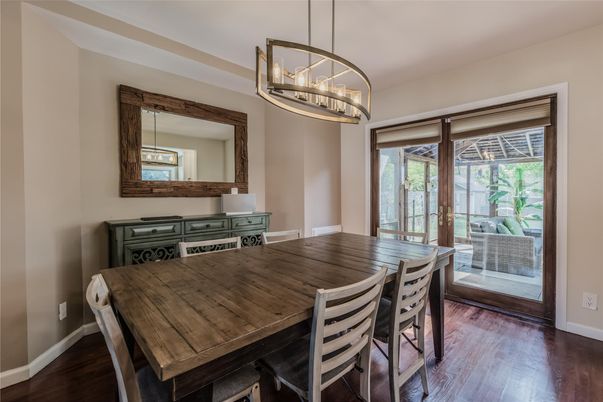 Dining room, Interior, Pendant Lights, Wood Texture Flooring