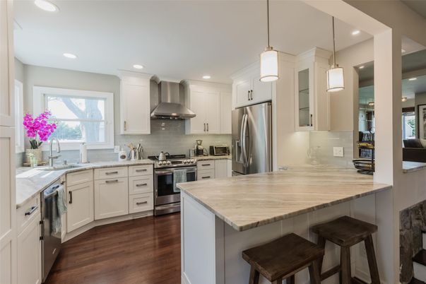 Interior, Kitchen, Pendant Lights, Recessed Lighting, Stainless Steel Appliances, Wood Texture Flooring