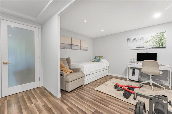 Bedroom, Fitness Equipment, Home Office, Interior, Recessed Lighting, Wood Texture Flooring