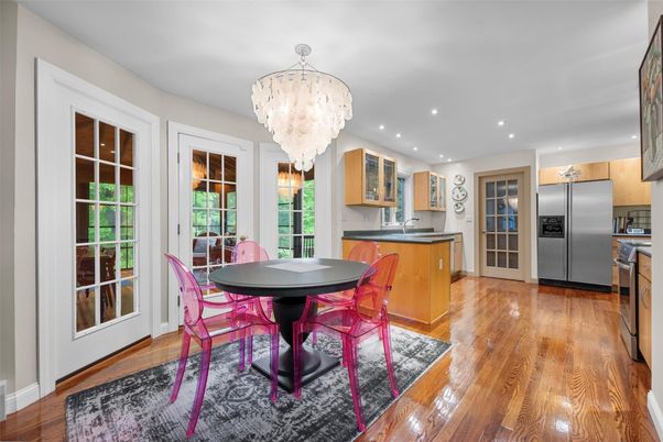 Chandelier, Dining room, Interior, Kitchen, Recessed Lighting, Stainless Steel Appliances, Wood Texture Flooring
